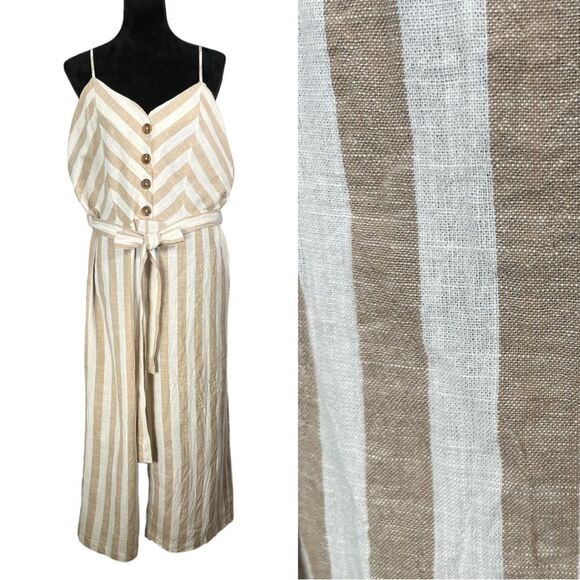 Kensie Pants - Kensie White Tan Stripe Jumpsuit Cotton Linen Spaghetti Strap Wide Leg Cropped